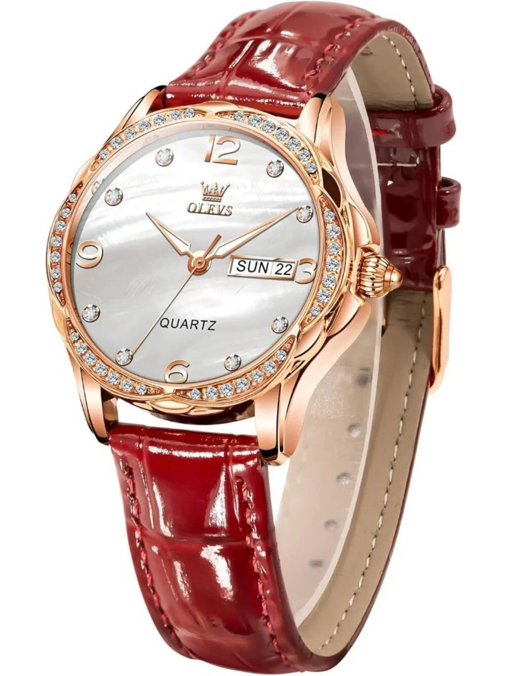 Women's Red-Leather Rose Gold Ceramic Two Tone Ladies Casual Watch Day Date Gift